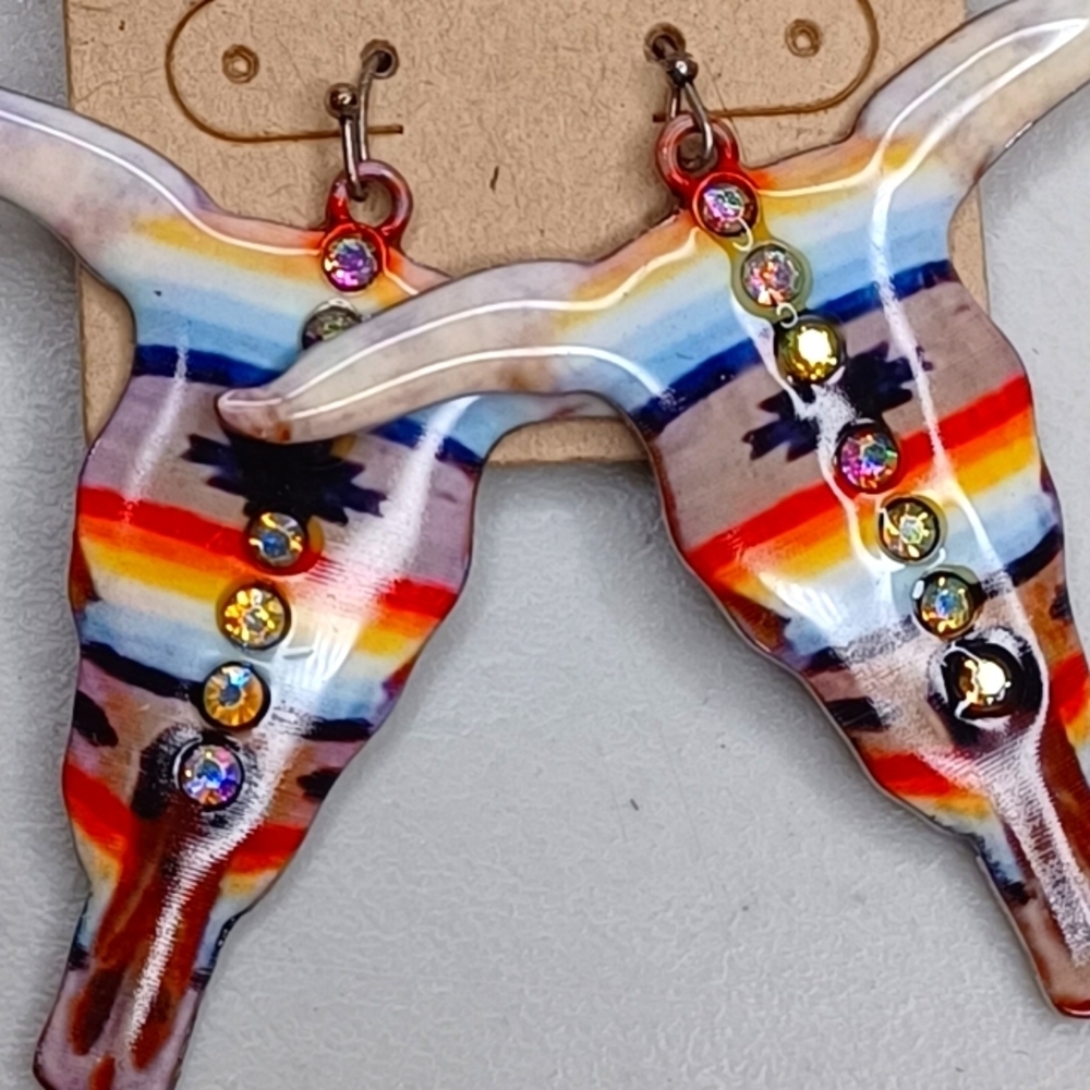 Boho Aztec Steer Cow Skull Longhorn Earrings - Picture 3 of 6